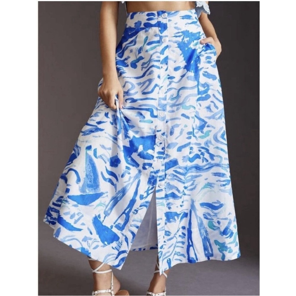 Anthropologie Maeve A-Line Printed‎ Maxi Skirt Sz 6 Button Front Lined Pockets